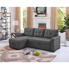 BOWERY HILL Steel Gray Linen Reversible/Sectional Sleeper Sofa with Storage