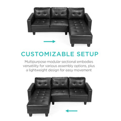 Best Choice Products Tufted Faux Leather 3-Seat L-Shape Sectional Sofa Couch Set w/Chaise Lounge, Ottoman Coffee Table Bench, Black