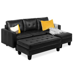 Best Choice Products Tufted Faux Leather 3-Seat L-Shape Sectional Sofa Couch Set w/Chaise Lounge, Ottoman Coffee Table Bench, Black