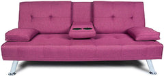 NOUVCOO Futon Sofa Bed Modern Linen Upholstered Couch, Convertible Folding Recliner Lounge Futon Couch with 2 Cup Holders/Armrest/Metal Legs for Living Room, Home Furniture, School Dormitoryl, Purple